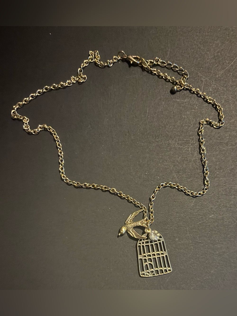 Gold Bird and Birdcage Pendant Necklace with Earrings